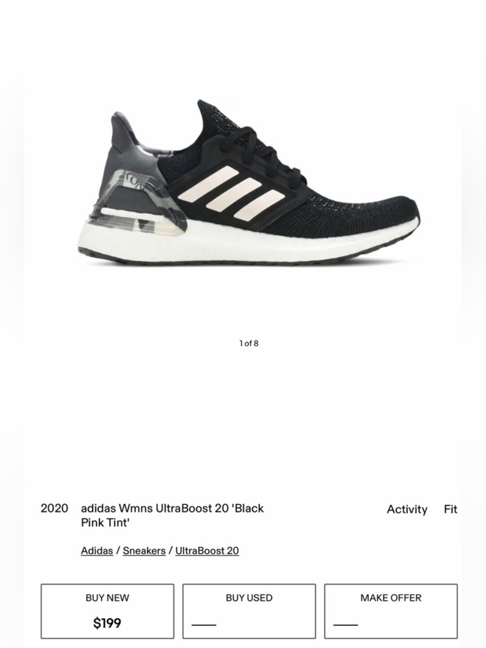 Adidas Ultraboost 20. Women’s 8. Black and Pink Geometric. Used. No smell.